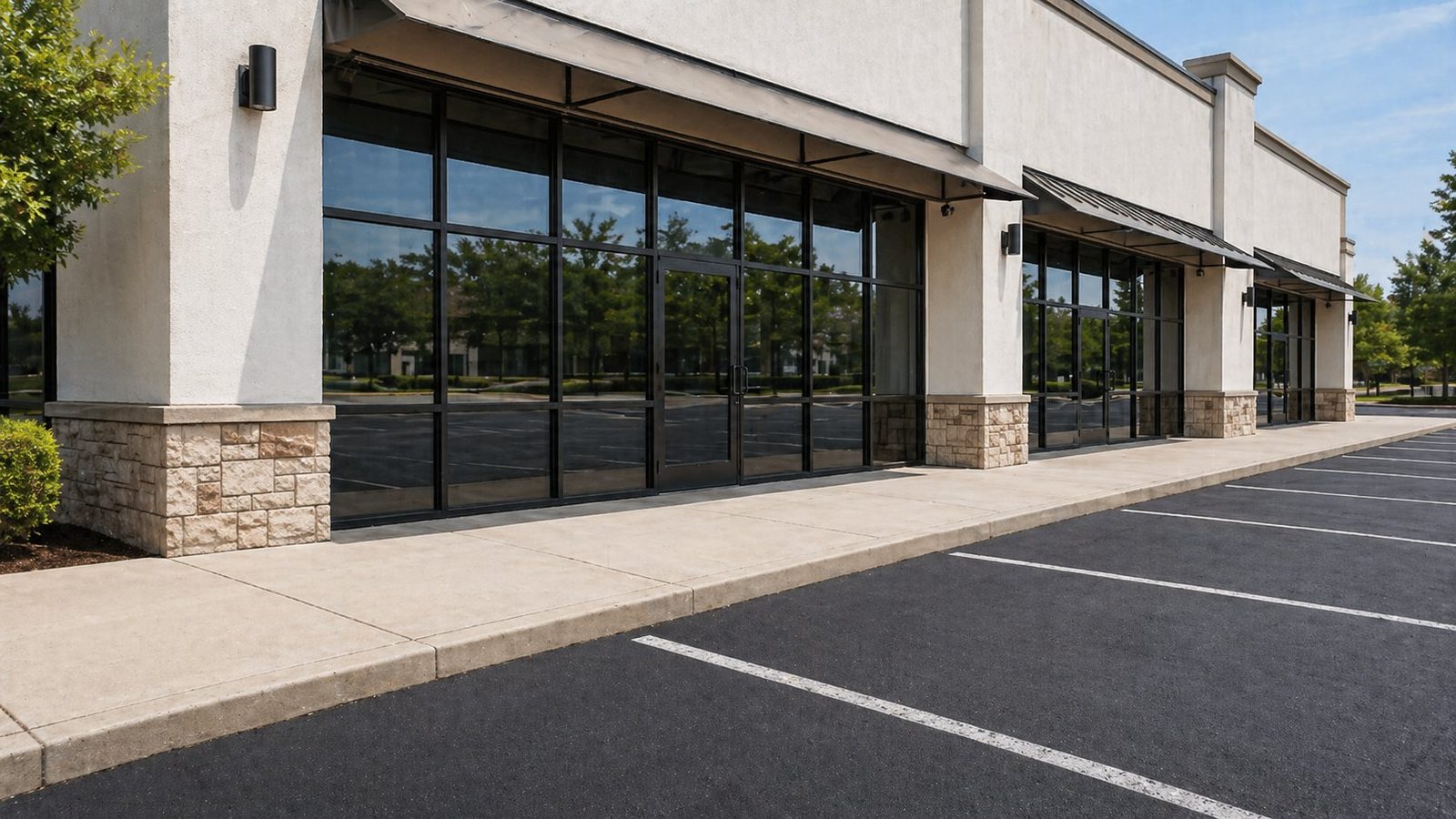 Commercial powerwashing result in Geauga County — Xtreme Clean Powerwashing storefront and parking lot