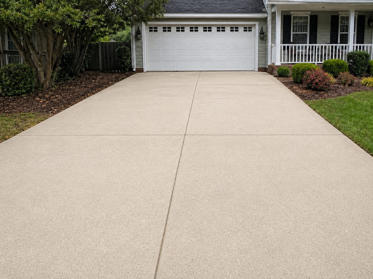 Concrete driveway after pressure washing — clean uniform surface with all staining removed