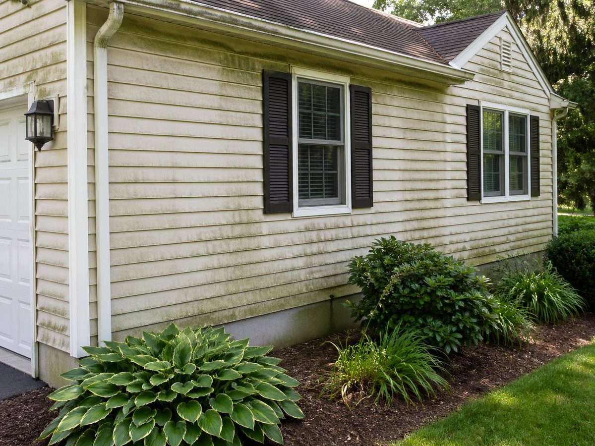 House siding before soft wash cleaning — green algae and mold visible across vinyl siding